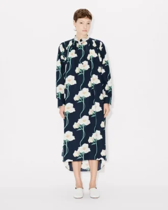 Kenzo Archive Rose’ oversized plissert lang kjole i bomull og silke