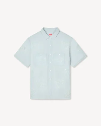 «Kenzo Cartoon»-broderet kortermet skjorte i steinfarget bleket chambray