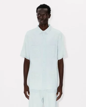 «Kenzo Cartoon»-broderet kortermet skjorte i steinfarget bleket chambray